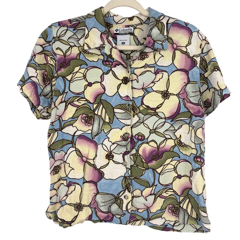 Columbia Women's Floral Viscose Flax Blend Short Sleeve Button Up Size Medium